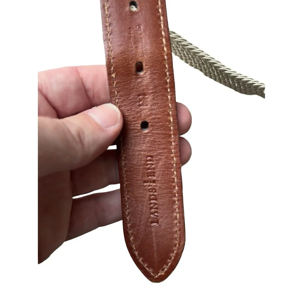 Lands’ End Woven Stretch Belt Size 38 Khaki Brown Leather Made in England